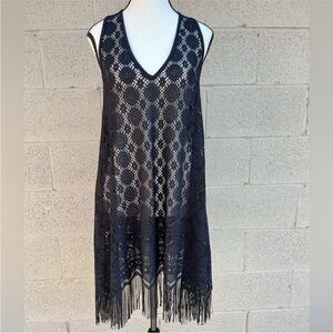 Jordan Taylor Black Crochet V‑Neck Fringe Swim Coverup